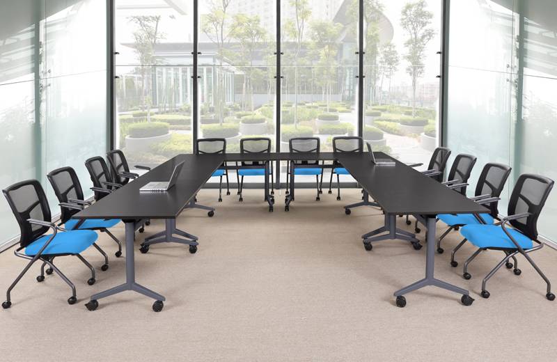 Three Flip Top Meeting Tables With Blue And Black Chairs